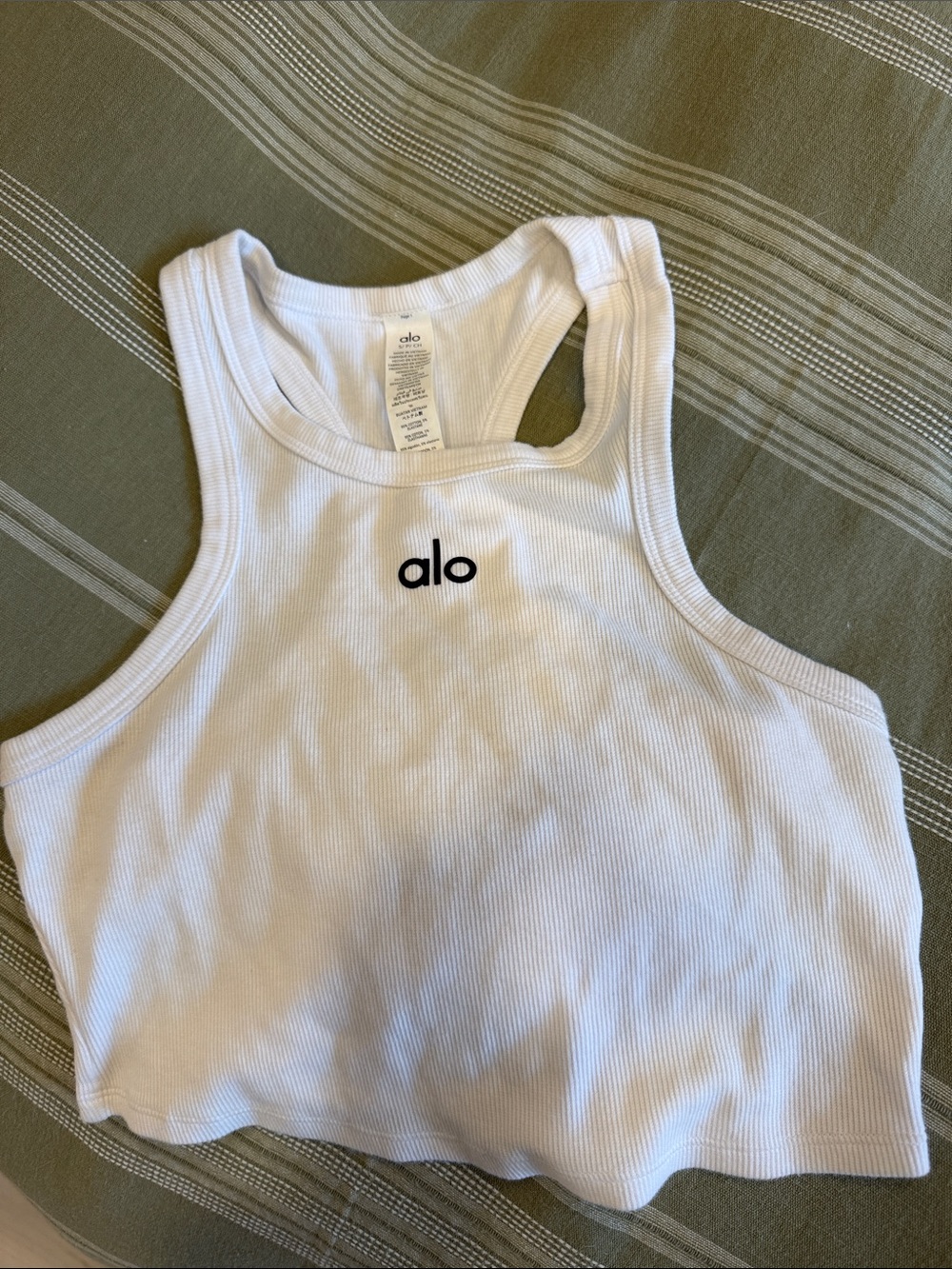 ALO Yoga White Ribbed Cropped Tank Top with Black Logo